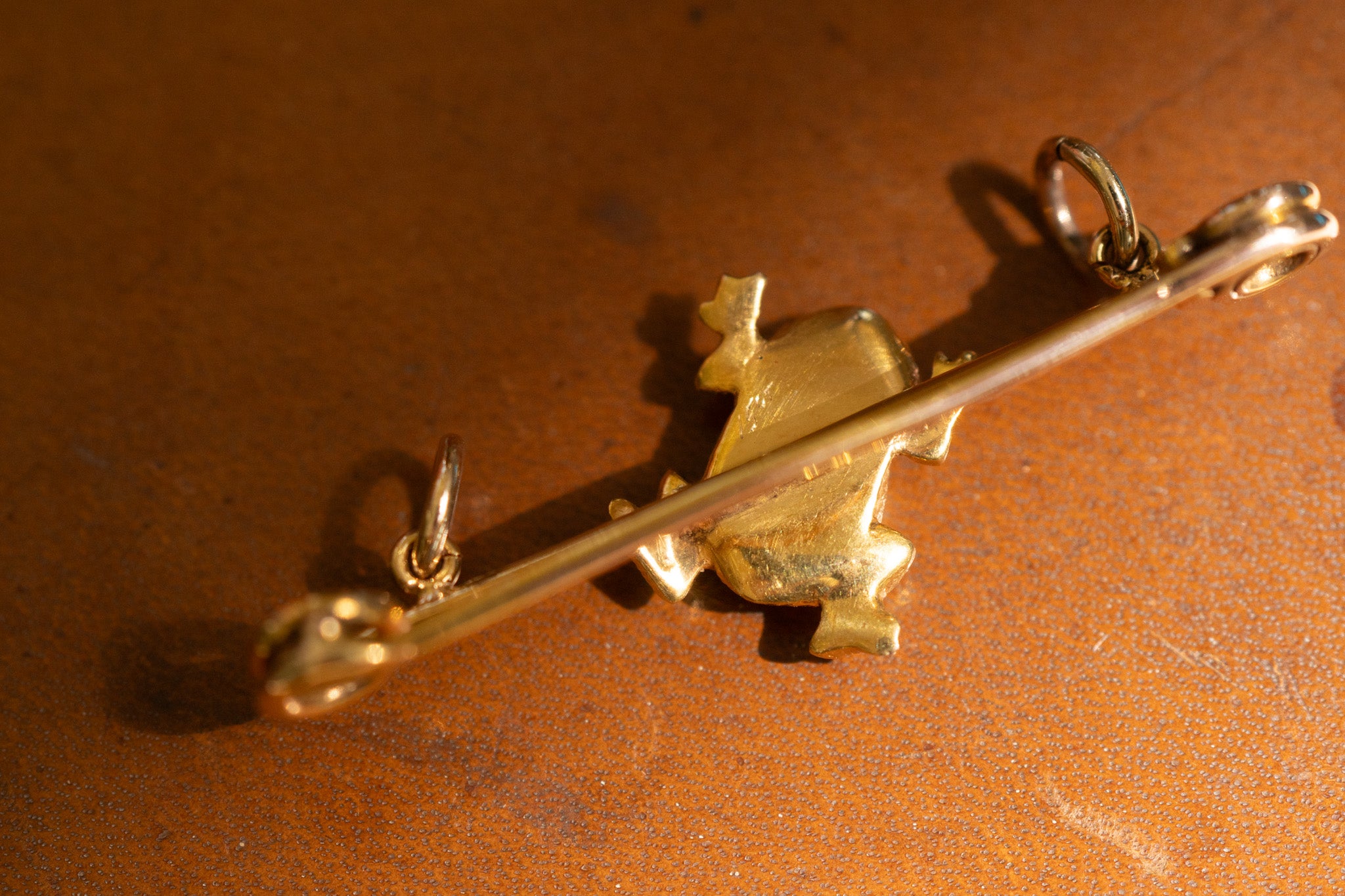 Antique 15ct Gold Frog Bar Brooches with Emerald Eyes - Sold Individually