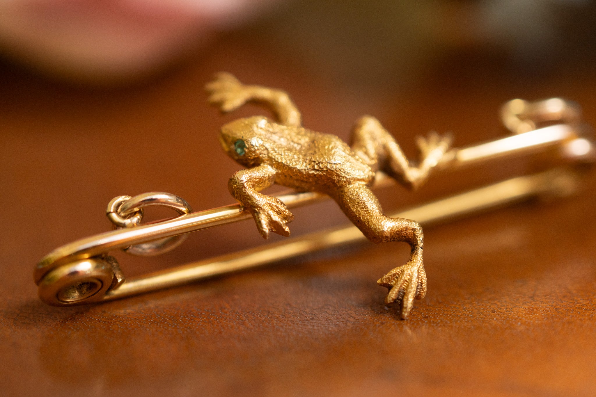 Antique 15ct Gold Frog Bar Brooches with Emerald Eyes - Sold Individually