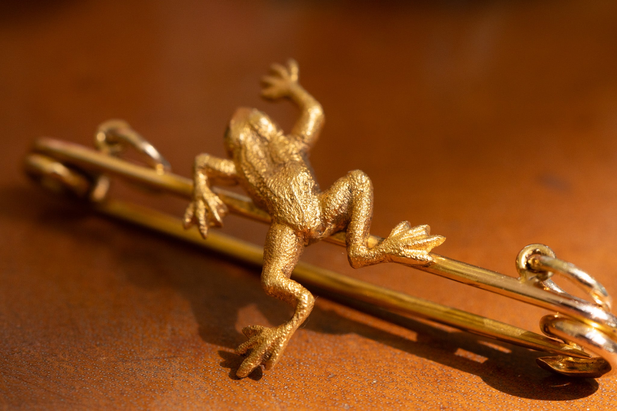 Antique 15ct Gold Frog Bar Brooches with Emerald Eyes - Sold Individually