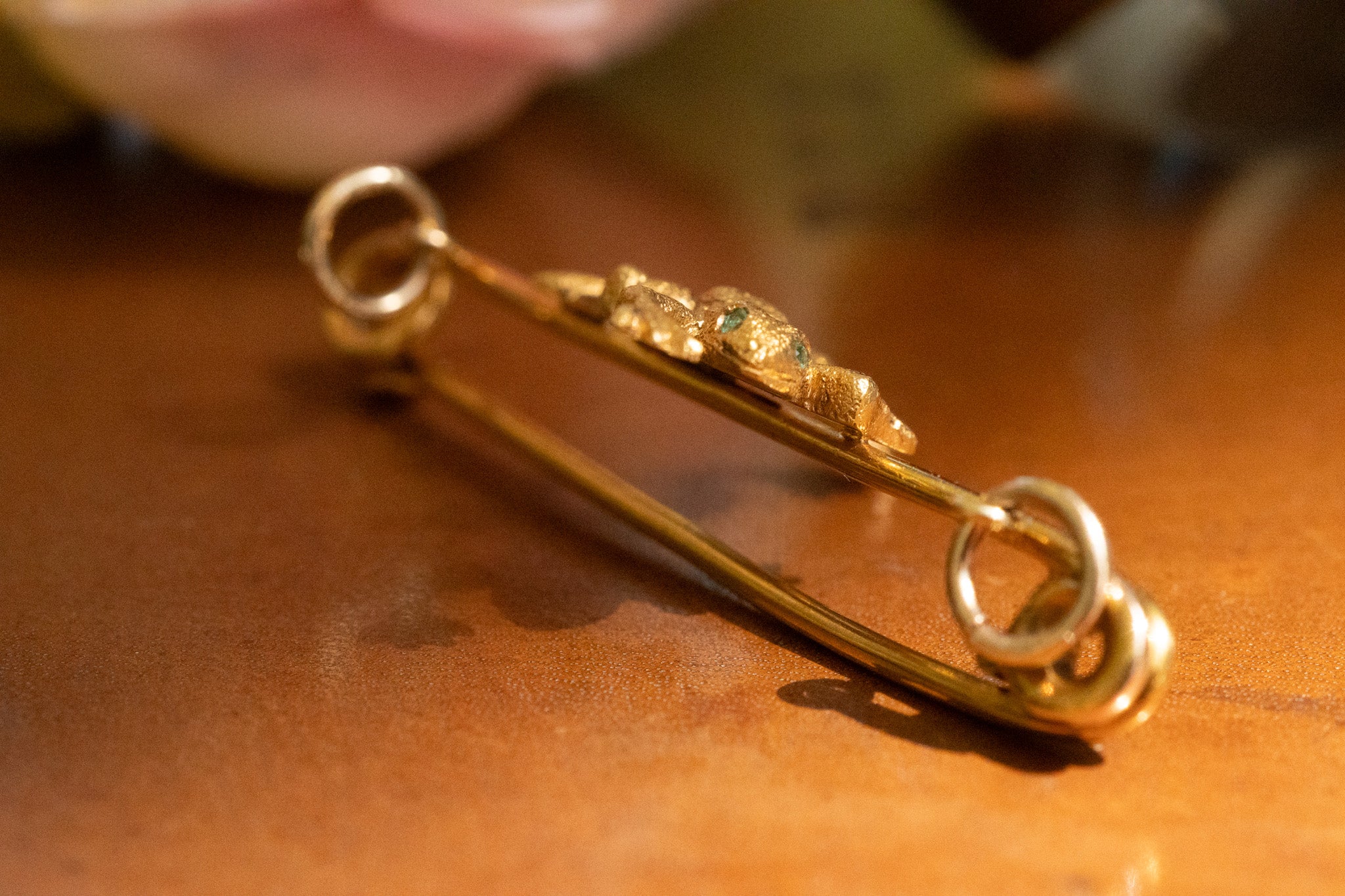 Antique 15ct Gold Frog Bar Brooches with Emerald Eyes - Sold Individually