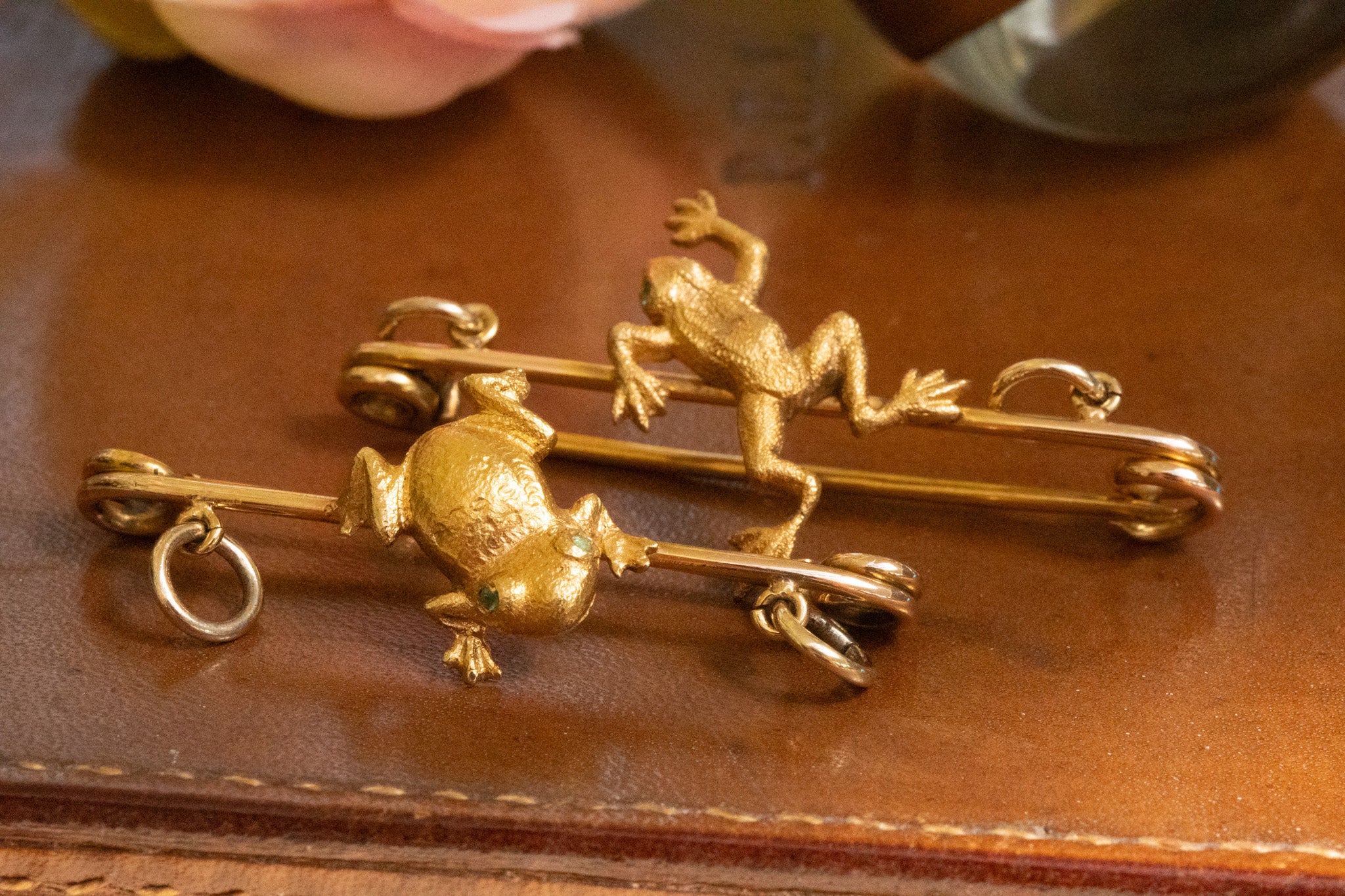 Antique 15ct Gold Frog Bar Brooches with Emerald Eyes - Sold Individually