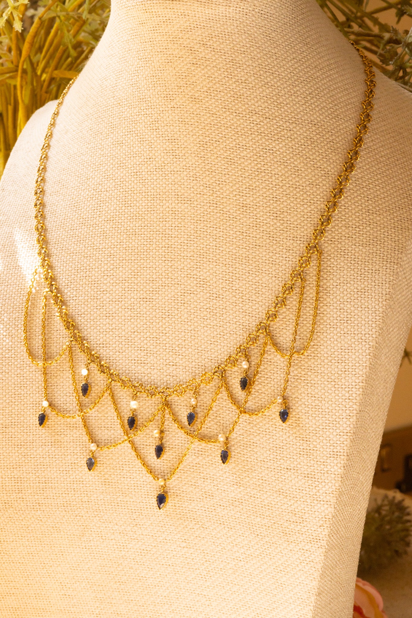 French Belle Époque festoon swag necklace in 18ct gold with Sapphires and Pearls