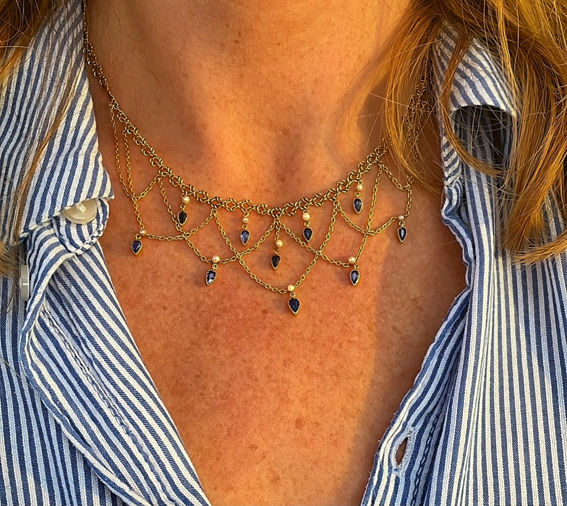French Belle Époque festoon swag necklace in 18ct gold with Sapphires and Pearls