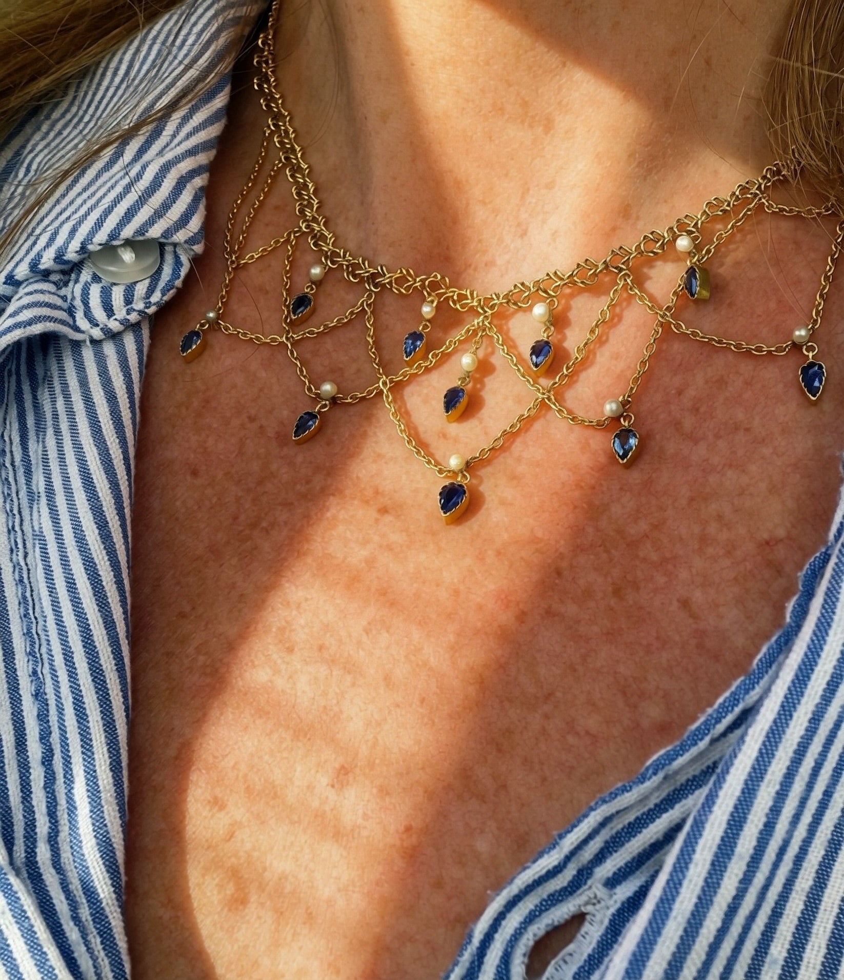 French Belle Époque festoon swag necklace in 18ct gold with Sapphires and Pearls
