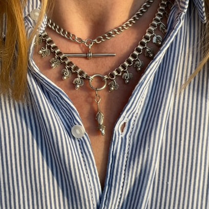 VICTORIAN SILVER BERRY DROP COLLAR NECKLACE - RIBBED BELCHER - 18.5 INCHES